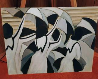 Abstract Oil Painting of Women Holding Umbrellas