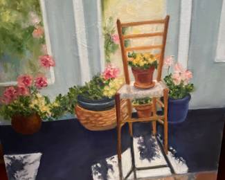 Oil Painting Still Life of Chair and Flowers on Canvas Panel