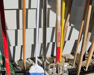 Assortment of Gardening Tools - Rakes, Pitchforks