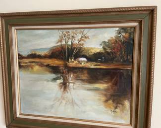 Framed Lake House Oil Painting by D. Morris