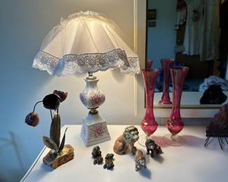 Metal Tulip Sculpture, Pair of Cranberry Glass Bud Vases, Shabby Chic Floral Ceramic Table Lamp