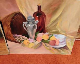 Still Life Oil Painting of Floral Basket by D. Morris