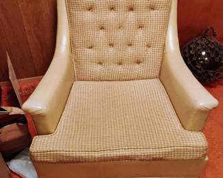 1970's Cream Leather and Checkered Upholstery Swivel Rocker
