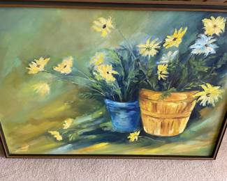 Framed Oil Painting of Potted Black Eyed Susans by D. Morris