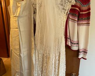 Circa 1950's Cream Lace Evening Gown, Tiara International Women's Zip Up Sweater, Cream Sleeveless Formal Gown