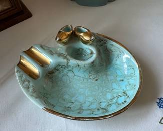 Hand Painted Aqua & Gold Ceramic Ashtray with Snuffer Hole
