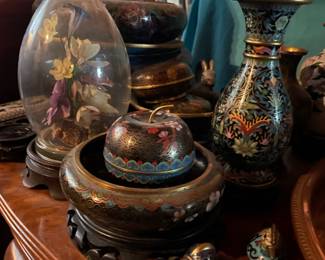 Preserved Flower Display in Glass Egg Dome, Chinese Cloisonné  Enamel Vase, Chinese Cloisonné  Enamel Apple Trinket Box