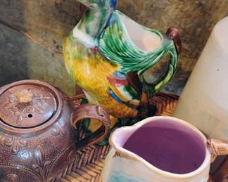Majolica Duck Pitcher, Majolica Bird & Cherry Blossom Design Pitcher