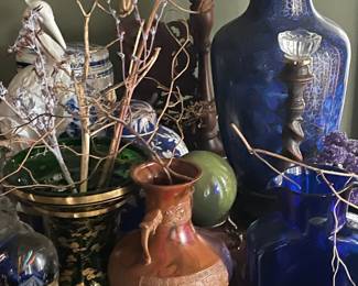 Cobalt and Brass Cloisonné Vase, Japan Double Handle Embossed Urn 