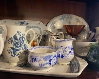 1930's Royal Albert "Mikado" Creamer and Sugar Bowl, Royal Worchester Bone China "Blue Sprays" Pitcher