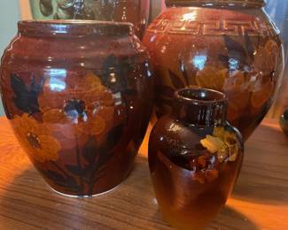 Lowell Brown Pottery Vase with Floral Design