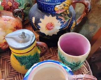 Cobalt Blue Dragon Pitcher, 1880's Majolica Griffen, Smith & Hill Bamboo Spooner 