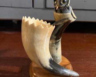 Carved Horn Owl Sculpture Vase