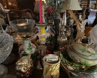 Chinese Cloisonné Floral Vase, Chinese Cloisonné Bowl with Lid, Mercury Glass Finial, A. Santini Resin Sculpture of Greek God & Goddess - Made in Italy