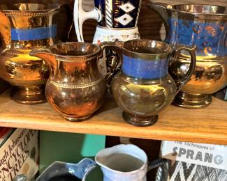 Ceramic Copper Lustre Ware Jugs, Arthur Wood Cobalt Blue Majolica Pitcher