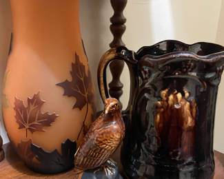 Leaf Decorated Cameo Glass Vase, 1969 Beneagles Decanter, Brown Glazed Ceramic Pitcher