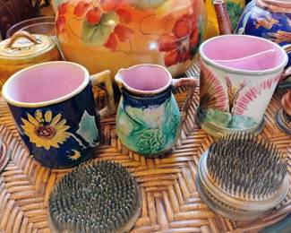 Griffen, Smith & Hill Cobalt Majolica Mug with Sunflower Design, Majolica Creamer with Rose Design