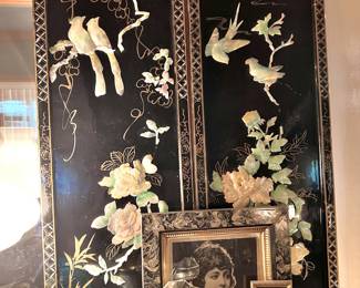 Pair of Asian Black Lacquer Mother of Pearl Panel Wall Hangings, Blue Swirl Iridescent Art Glass Vase, Framed Pressed Dried Edelweiss