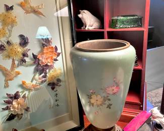 Framed Japanese Shell Art Panel, Belleek Porcelain Pig Figurine