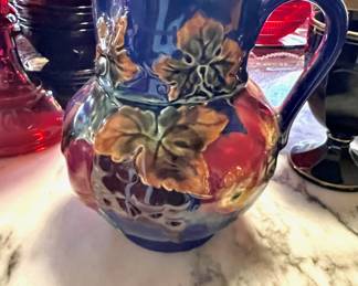 Czechoslovakia Majolica Hand Painted Cobalt Pitcher with Fruit Design
