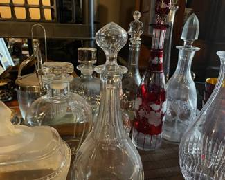Ruby Red Cut to Clear Decanter, Assortment of Etched Glass Decanters and Crystal Decanters 