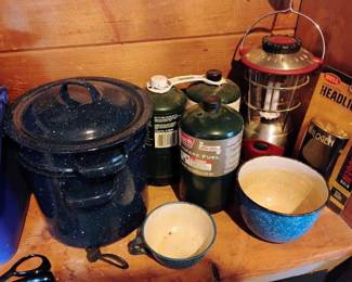 Black Speckled Enamel 3 Pc Steamer Pan, GE Camping Florescent Lantern, Coleman Propane Cylinders