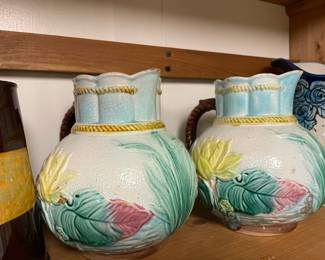 Pair of Majolica Pitchers with Floral Design 