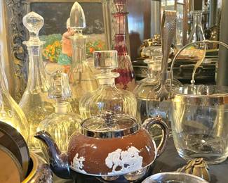 Gibson's Staffordshire Brown Jasperware Tea Pot, Assortment of Glass and Crystal Decanters, Glassware Ice Bucket