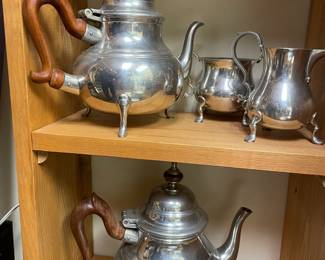 Kirk Stieff Williamsburg Pewter - 2 Footed Teapot/Coffee Pots, Sugar bowl and Creamer
