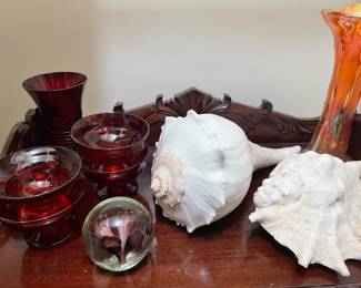 Blown Glass Floral Art Glass Paperweight Sphere, Large Queen Size Conch Shells, Carnival Glass Marigold Swung Bud Vase