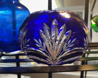 Bohemian Cobalt Crystal Cut to Clear Flower Vase