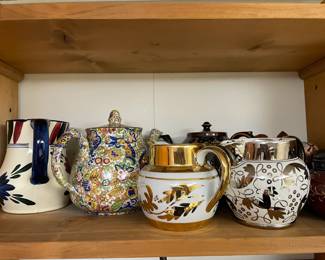 Circa 1940's Chintz Paisley Yellow Teapot, James Kent Old Foley Gold Leaf/White Pitcher, Wedgwood Etruria Silver Lusterware Pitcher