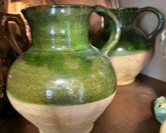 Pair of French 19th Terracotta Green Glazed Water Pitchers