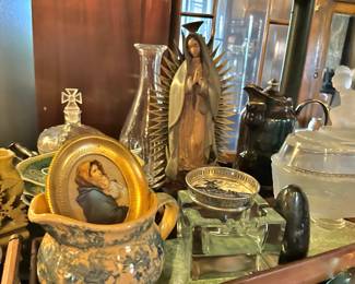 Carved Wood  Lady of Guadalupe Sculpture, Framed Italian Madonna Print, 1930's Gillinder & Sons Pioneer Tippecanoe Reproduction LG Wright Glass "Westward Ho" Oval Compote with Lid