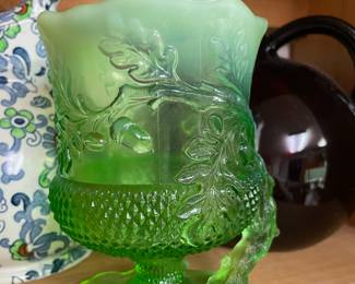 Mosser Green Vaseline Glass Spooner with Acorn Leaf Deisgn 