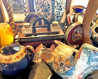 Victorian Double Inkwell Desk Stand, Hand Carved and Painted Guatemala Wolf and Eagle Masks, Hand Painted Delft Blue Holland Lidded Jar