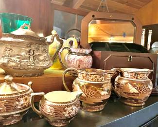 Wedgwood Fallow Deer Brown Lusterware - Two Jugs, Creamer & Sugar Bowl, Wedgwood Ferrara Mulberry Creamware Jug