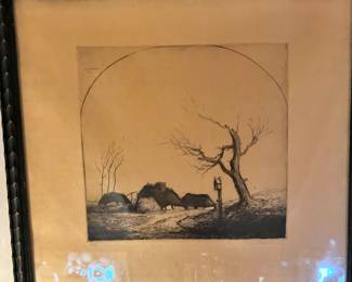 Framed & Matted Etching of Homes by Dirk Baksteen