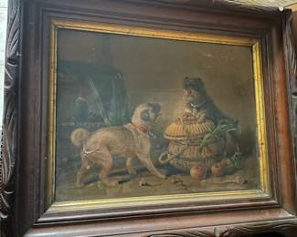 Lithograph of Pug and Terrier Dog in a Ornate Wooden Frame 