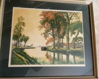 Framed & Matted Etching Francis Roth Canal de Yonne River Landscape
