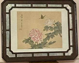 BLOCK PRINT - ORIGINAL ORIENTAL WATERCOLORS ON SILK MOUNTED IN MAHOGANY MIRRORED FRAME #6428