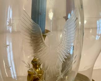 BRASS CANDLESTICKS W/EAGLE ETCHED GLOBES