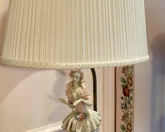 ANTIQUE LAMP WITH PEARLIZED LAMP SHADE (DRESDEN?)