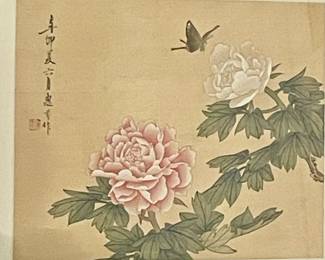 BLOCK PRINT - ORIGINAL ORIENTAL WATERCOLORS ON SILK MOUNTED IN MAHOGANY MIRRORED FRAME #6428