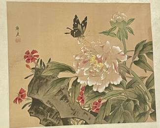 \BLOCK PRINT - ORIGINAL ORIENTAL WATERCOLORS ON SILK MOUNTED IN MAHOGANY MIRRORED FRAME #6427