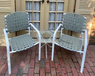 WOVEN PATIO CHAIRS & VINTAGE GLASS-TOP WROUGHT IRON SIDE TABLE