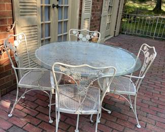VINTAGE GLASS-TOP WROUGHT IRON TABLE & 4-CHAIRS