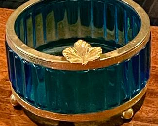 VINTAGE GILT & BLUE GLASS ASHTRAY