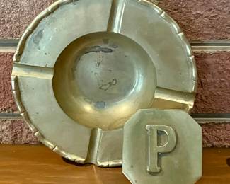 VINTAGE SOLID BRASS ASHTRAY, SOLID BRASS "P" TRINKET BOX