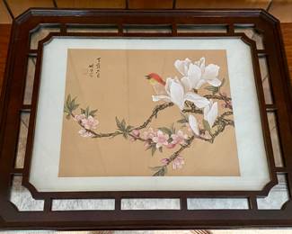 BLOCK PRINT - ORIGINAL ORIENTAL WATERCOLORS ON SILK MOUNTED IN MAHOGANY MIRRORED FRAME #6445